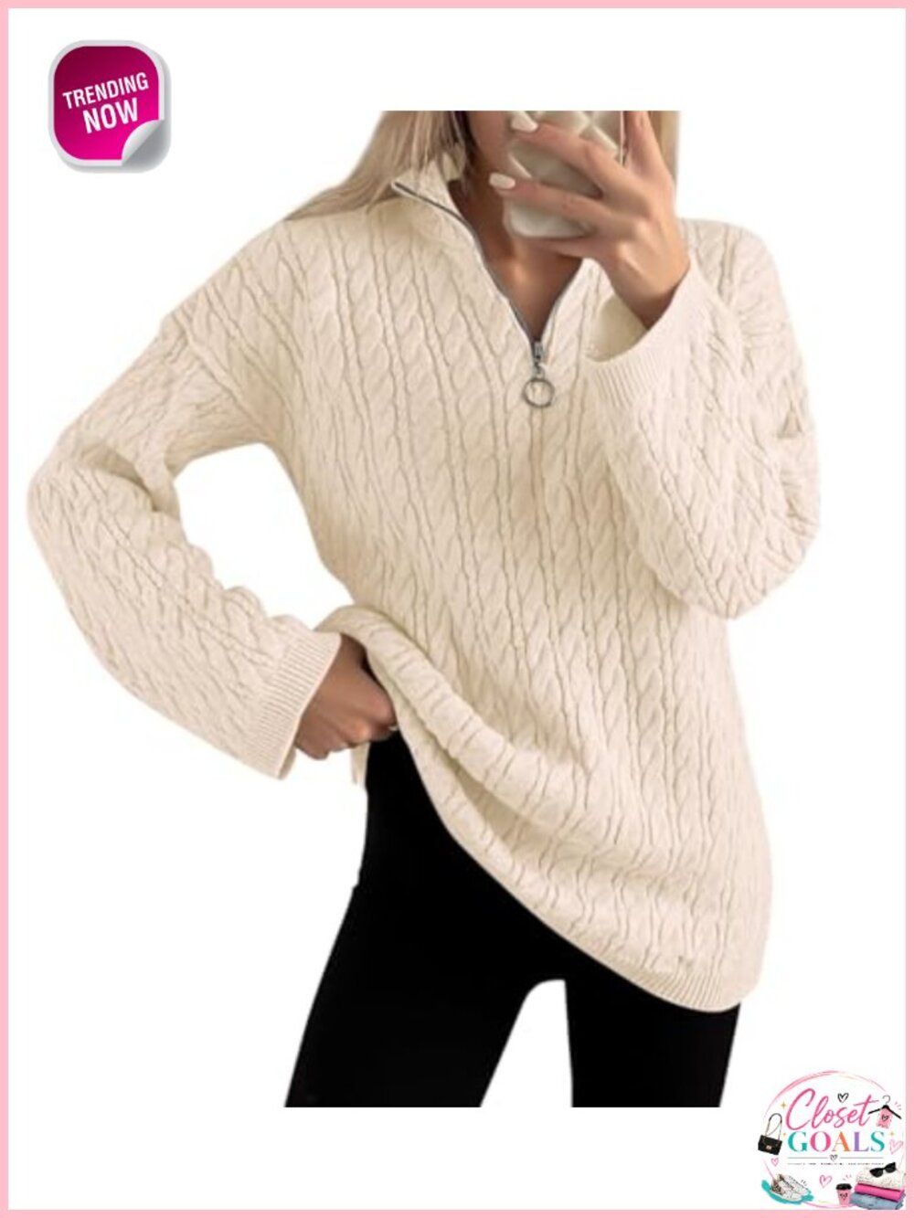 Cable Knit Half Zip Sweater Oversized Loose Pullover Chunky Knit Collared